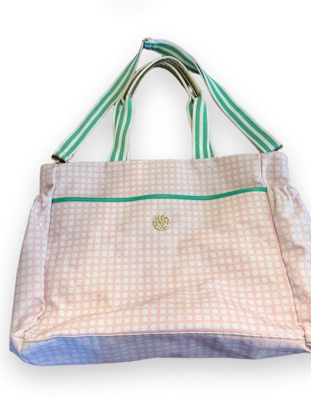 Lilly Pulitzer Pink Patterned Tote with Mint Trim and Striped Handles